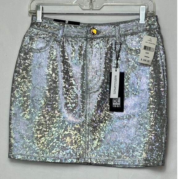 DL1961 Metallic Silver Brit Smart Denim Mini Skirt Women’s M  Stretch Casual - Picture 1 of 7